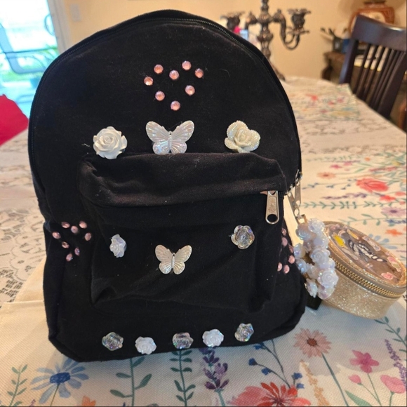 Handbags - Black and Pink Backpack with Butterfly and Rhinestone Accents